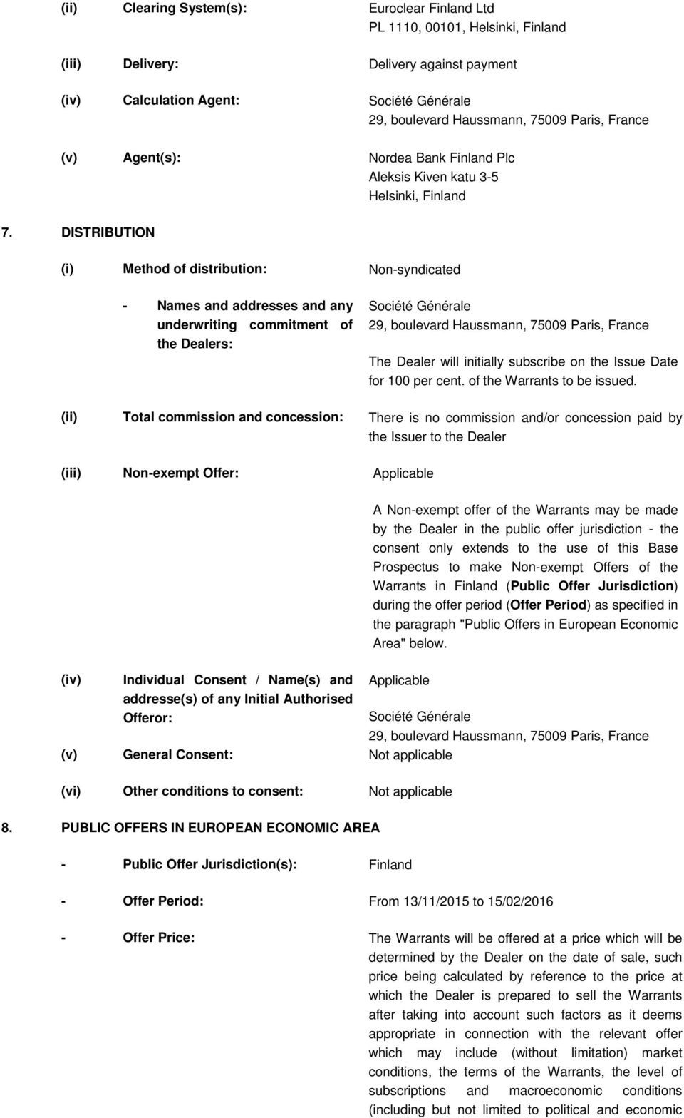 DISTRIBUTION (i) Method of distribution: Non-syndicated - Names and addresses and any underwriting commitment of the Dealers: Société Générale 29, boulevard Haussmann, 75009 Paris, France The Dealer