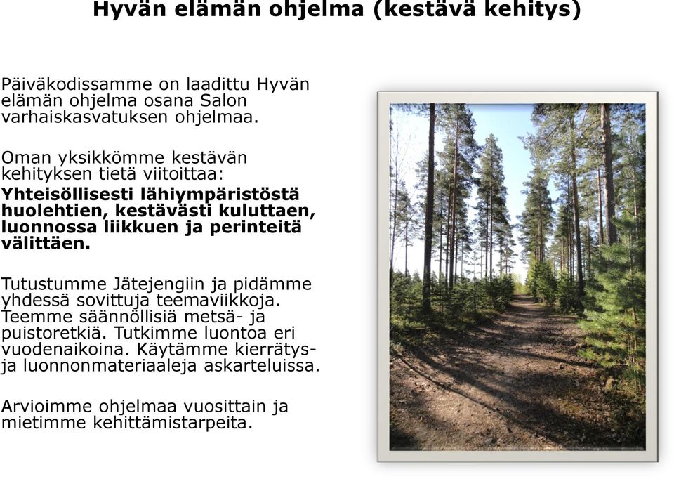 ja perinteitä välittäen. Tutustumme Jätejengiin ja pidämme yhdessä sovittuja teemaviikkoja. Teemme säännöllisiä metsä- ja puistoretkiä.