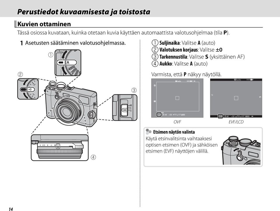 B A A Suljinaika : Valitse A (auto) B Valotuksen korjaus : Valitse ±0 C Tarkennustila : Valitse S (yksittäinen AF) D Aukko : Valitse A