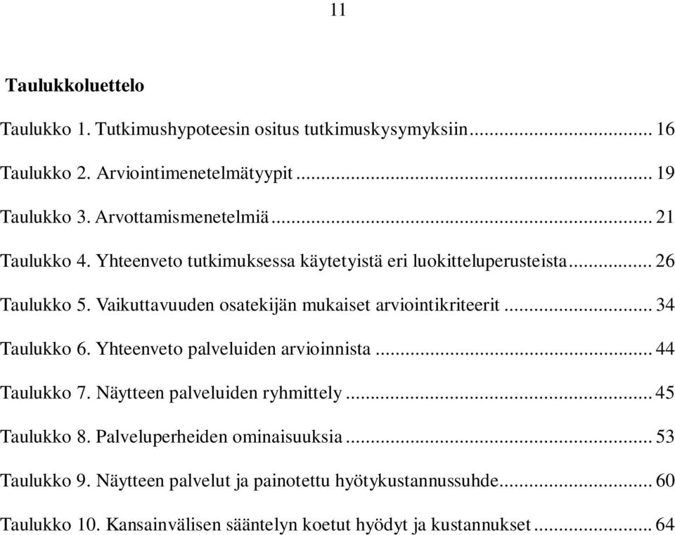 Vaikuttavuuden osatekijän mukaiset arviointikriteerit... 34 Taulukko 6. Yhteenveto palveluiden arvioinnista... 44 Taulukko 7.