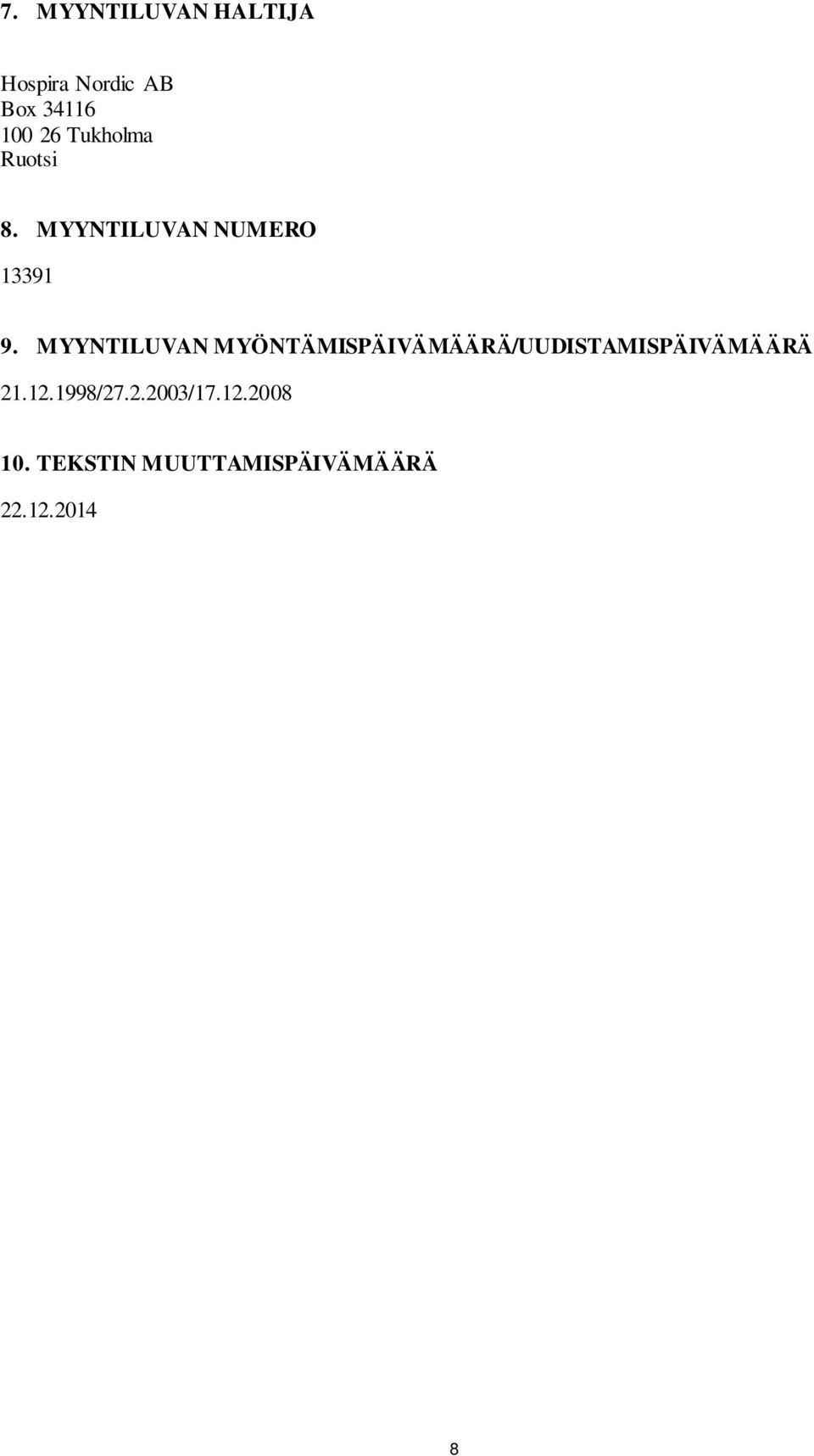 MYYNTILUVAN MYÖNTÄMISPÄIVÄMÄÄRÄ/UUDISTAMISPÄIVÄMÄÄRÄ 21.12.