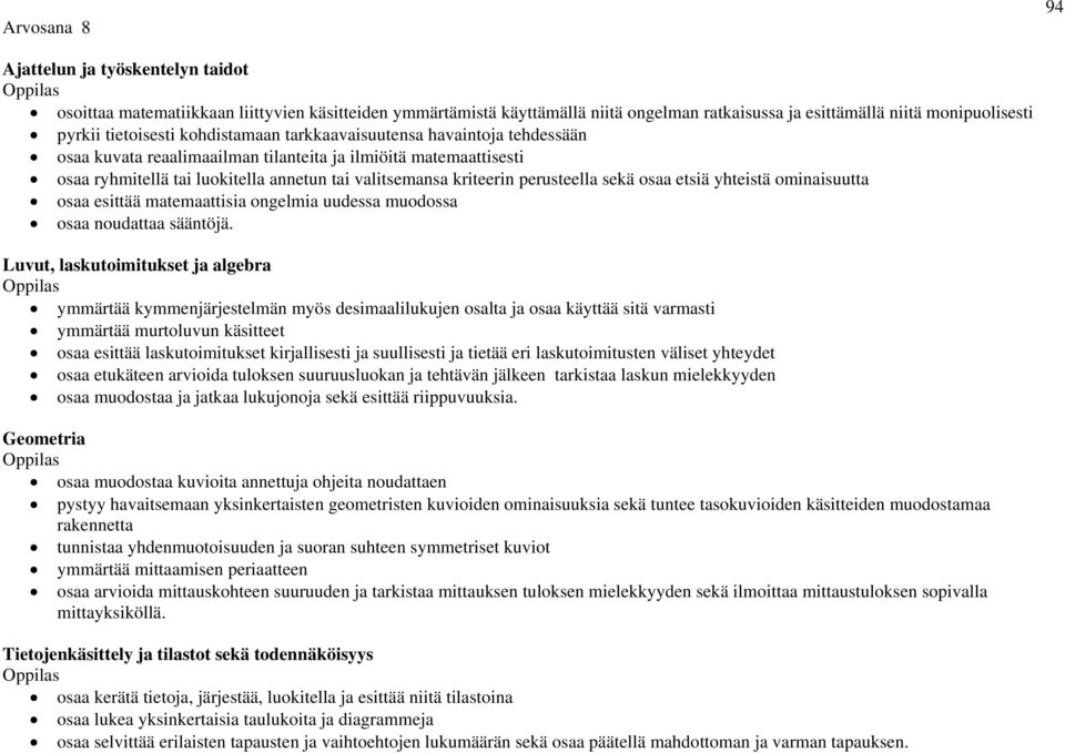 perusteella sekä osaa etsiä yhteistä ominaisuutta osaa esittää matemaattisia ongelmia uudessa muodossa osaa noudattaa sääntöjä.