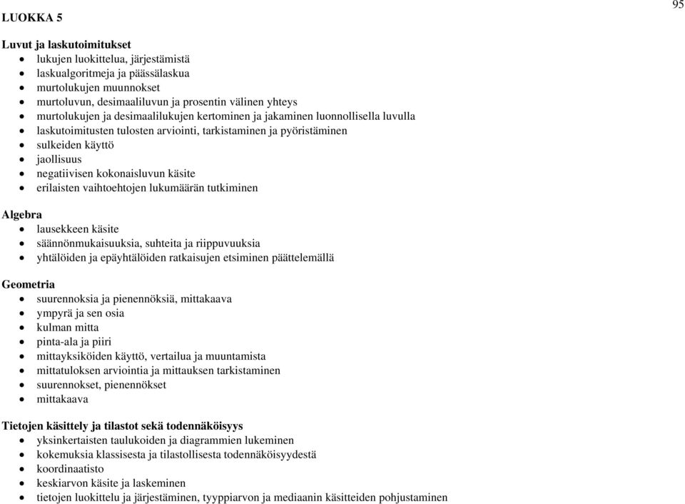 vaihtoehtojen lukumäärän tutkiminen Algebra lausekkeen käsite säännönmukaisuuksia, suhteita ja riippuvuuksia yhtälöiden ja epäyhtälöiden ratkaisujen etsiminen päättelemällä suurennoksia ja