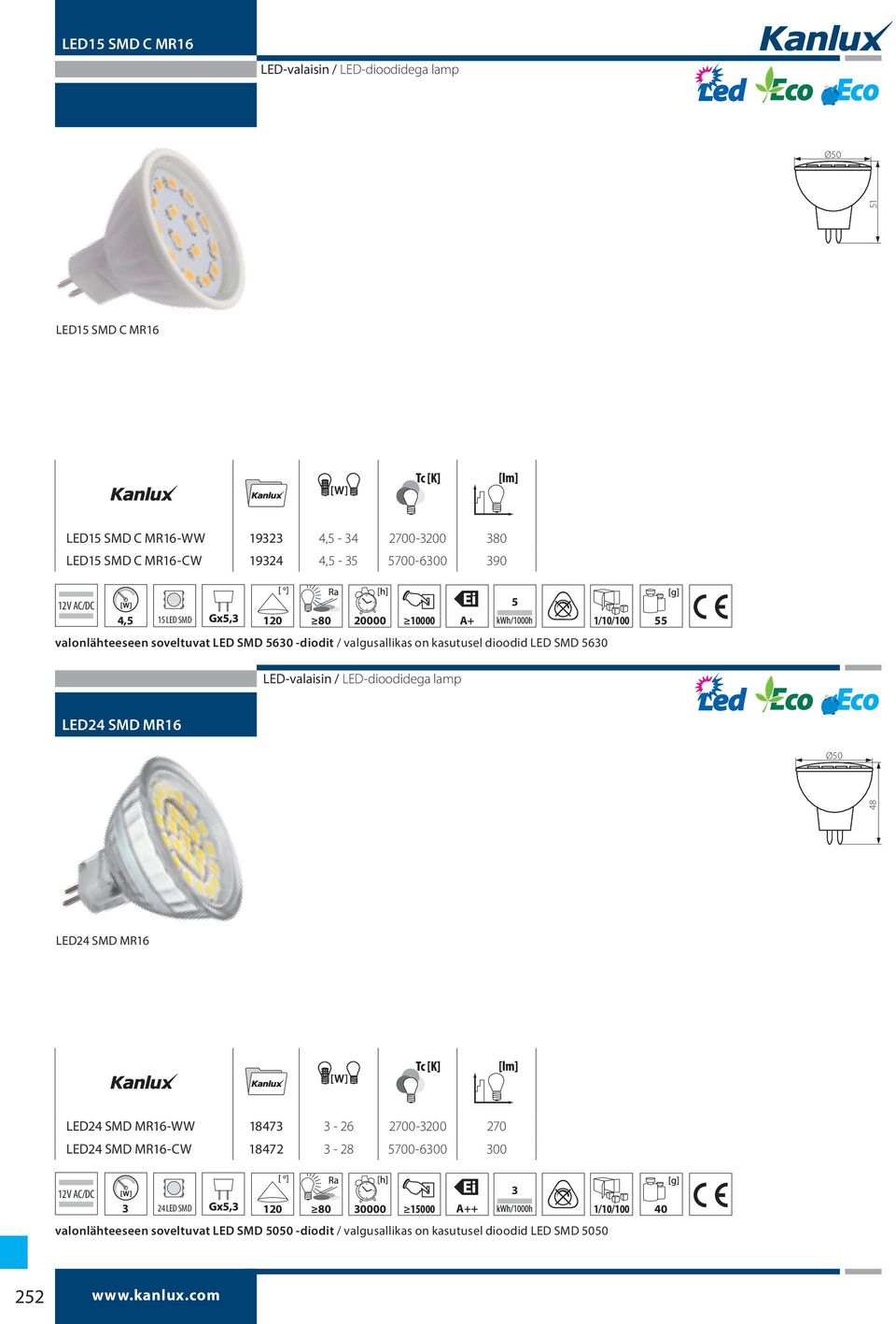 LED24 SMD MR16 Ø50 48 LED24 SMD MR16 LED24 SMD MR16-WW 18473 3-26 2700-3200 270 LED24 SMD MR16-CW 18472 3-28 5700-6300 300 12V AC/DC 3 3 24 LED SMD