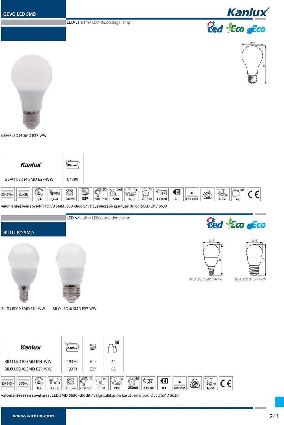 BILO LED10 SMD E27-WW BILO LED10 SMD E14-WW BILO LED10 SMD E27-WW BILO LED10 SMD E14-WW 19370 E14 44 BILO LED10 SMD E27-WW 19371 E27 58 4 4,2 4,2-30