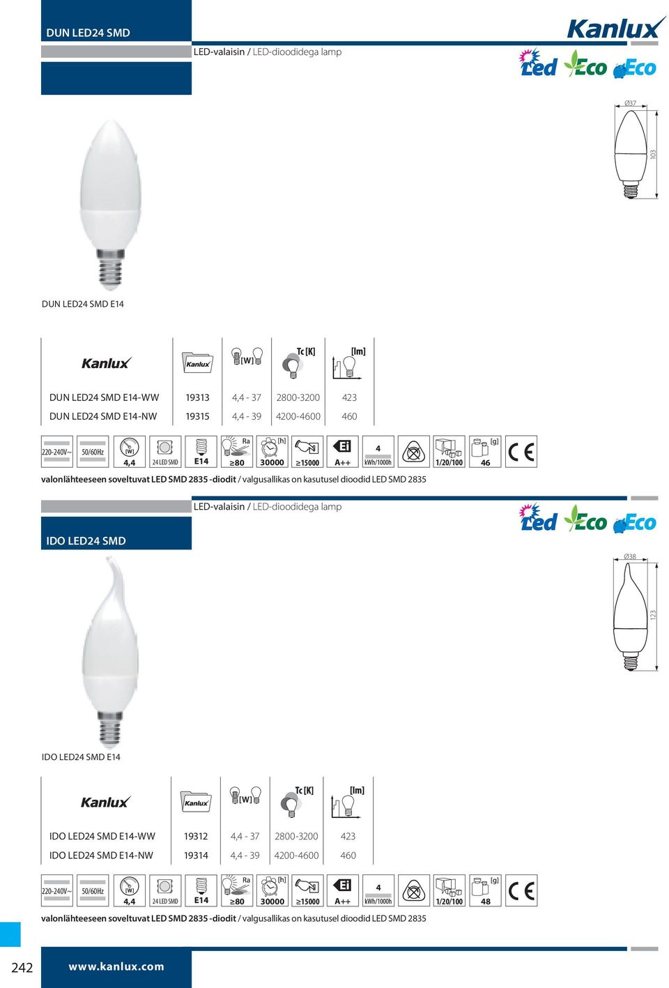 2835 1/20/100 46 IDO LED24 SMD E14 IDO LED24 SMD E14-WW 19312 4,4-37 2800-3200 423 IDO LED24 SMD E14-NW 19314 4,4-39  2835 1/20/100 48 242 www.