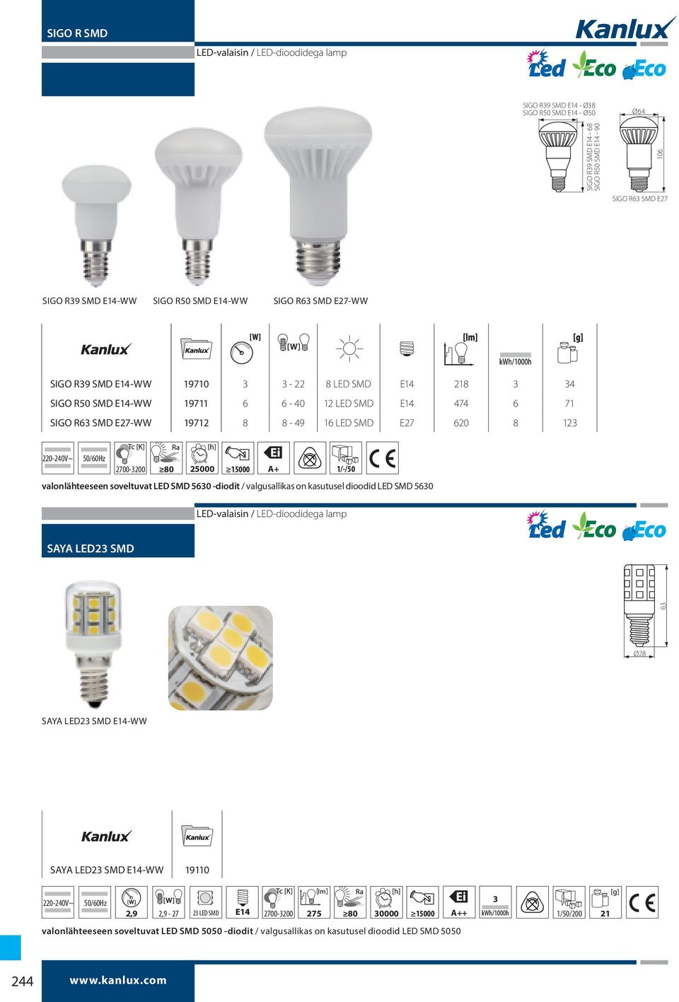 25000 15000 A+ valonlähteeseen soveltuvat LED SMD 5630 -diodit / valgusallikas on kasutusel dioodid LED SMD 5630 1/-/50 SAYA LED23 SMD 63 Ø28 SAYA LED23 SMD E14-WW SAYA LED23 SMD E14-WW