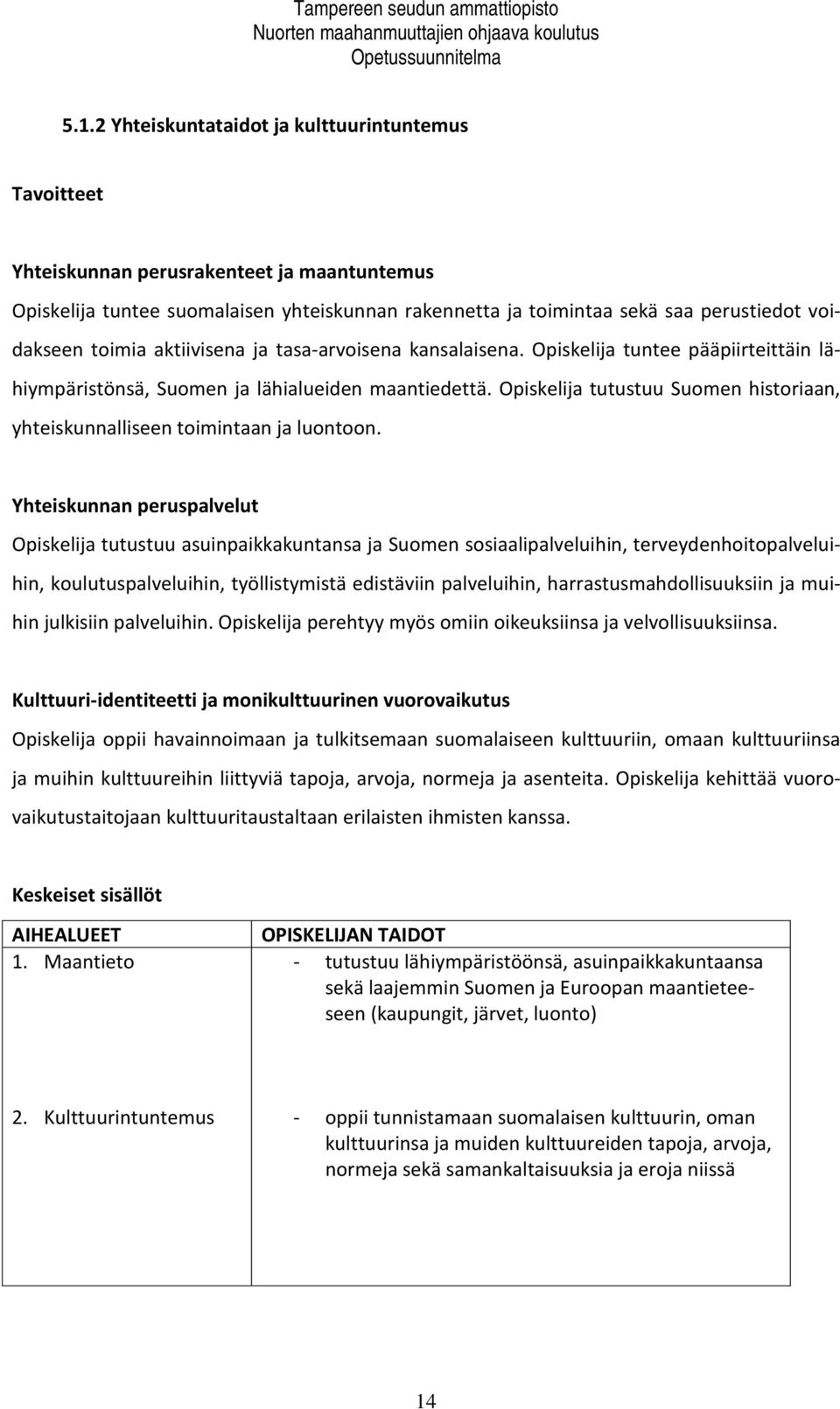 Opiskelija tutustuu Suomen historiaan, yhteiskunnalliseen toimintaan ja luontoon.