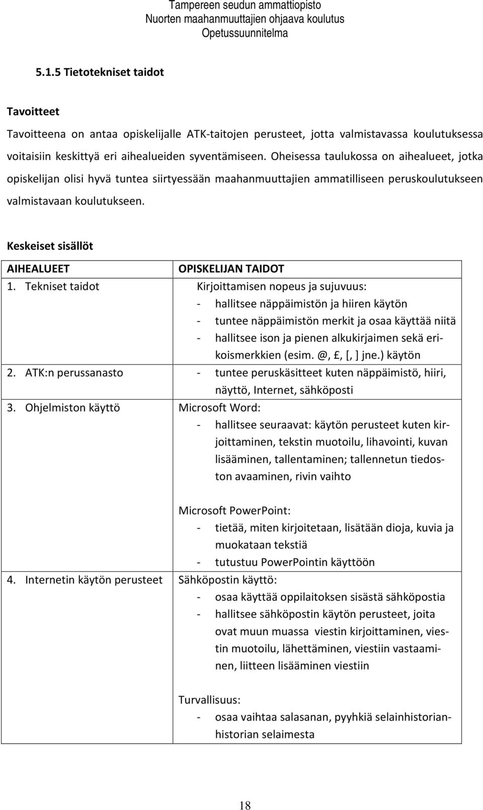 Keskeiset sisällöt AIHEALUEET OPISKELIJAN TAIDOT 1.