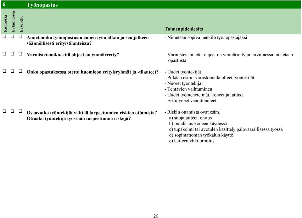 - Varmistetaan, että ohjeet on ymmärretty ja tarvittaessa toistetaan opastusta Onko opastuksessa otettu huomioon erityisryhmät ja -tilanteet? - Uudet työntekijät - Pitkään esim.