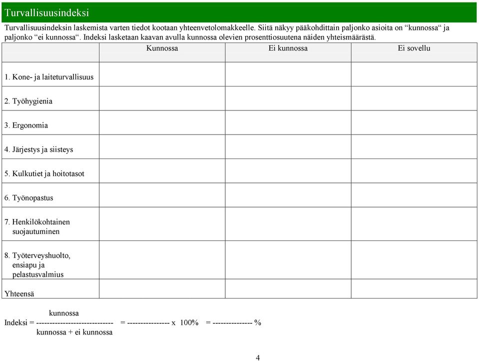 Indeksi lasketaan kaavan avulla kunnossa olevien prosenttiosuutena näiden yhteismäärästä. 1. Kone- ja laiteturvallisuus 2. Työhygienia 3. Ergonomia 4.
