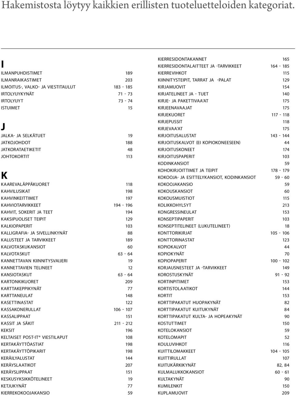 sivellinkynät 88 Kalusteet ja tarvikkeet 189 Kalvotaskukansiot 60 Kalvotaskut 63-64 kannettavan kiinnitysvaijeri 19 kannettavien telineet 12 kansiotaskut 63-64 Kartonkikuoret 209 Karttakeppikynät 77