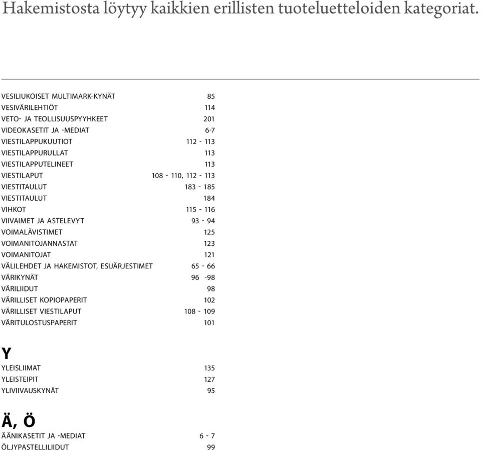 93-94 Voimalävistimet 125 VoimanitojANNAStat 123 Voimanitojat 121 Välilehdet ja hakemistot, esijärjestimet 65-66 Värikynät 96-98 Väriliidut 98 Värilliset