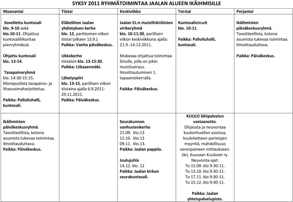 Kuntosalicircuit klo. 10-11. Paikka: Palloiluhalli, kuntosali. Ikäihmisten päiväkeskusryhmä. Tavoitteellista, kotona asumista tukevaa toimintaa. Ilmoittauduttava. Ohjattu kuntosali klo. 13-14.
