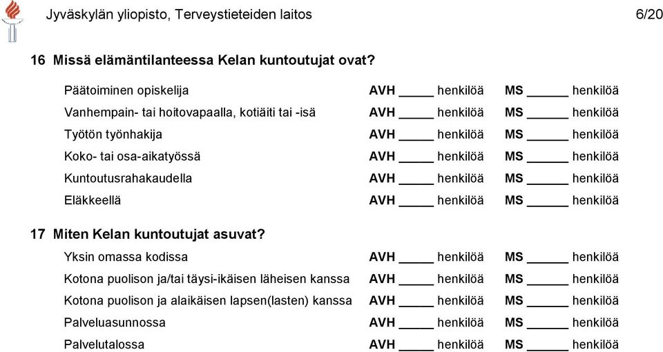 osa-aikatyössä AVH henkilöä MS henkilöä Kuntoutusrahakaudella AVH henkilöä MS henkilöä Eläkkeellä AVH henkilöä MS henkilöä 17 Miten Kelan kuntoutujat asuvat?