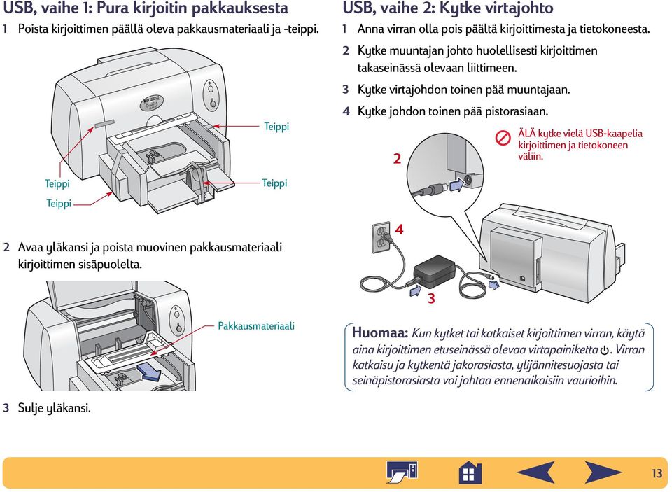 USB, vaihe 2: Kytke virtajohto 1 Anna virran olla pois päältä kirjoittimesta ja tietokoneesta. 2 Kytke muuntajan johto huolellisesti kirjoittimen takaseinässä olevaan liittimeen.