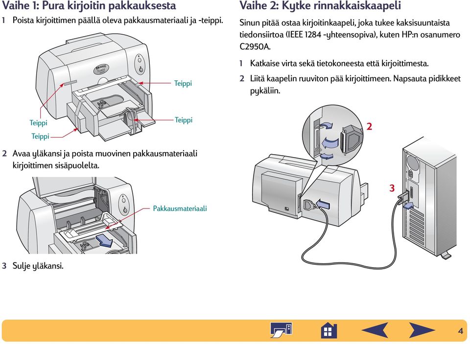 -yhteensopiva), kuten HP:n osanumero C2950A. 1 Katkaise virta sekä tietokoneesta että kirjoittimesta.