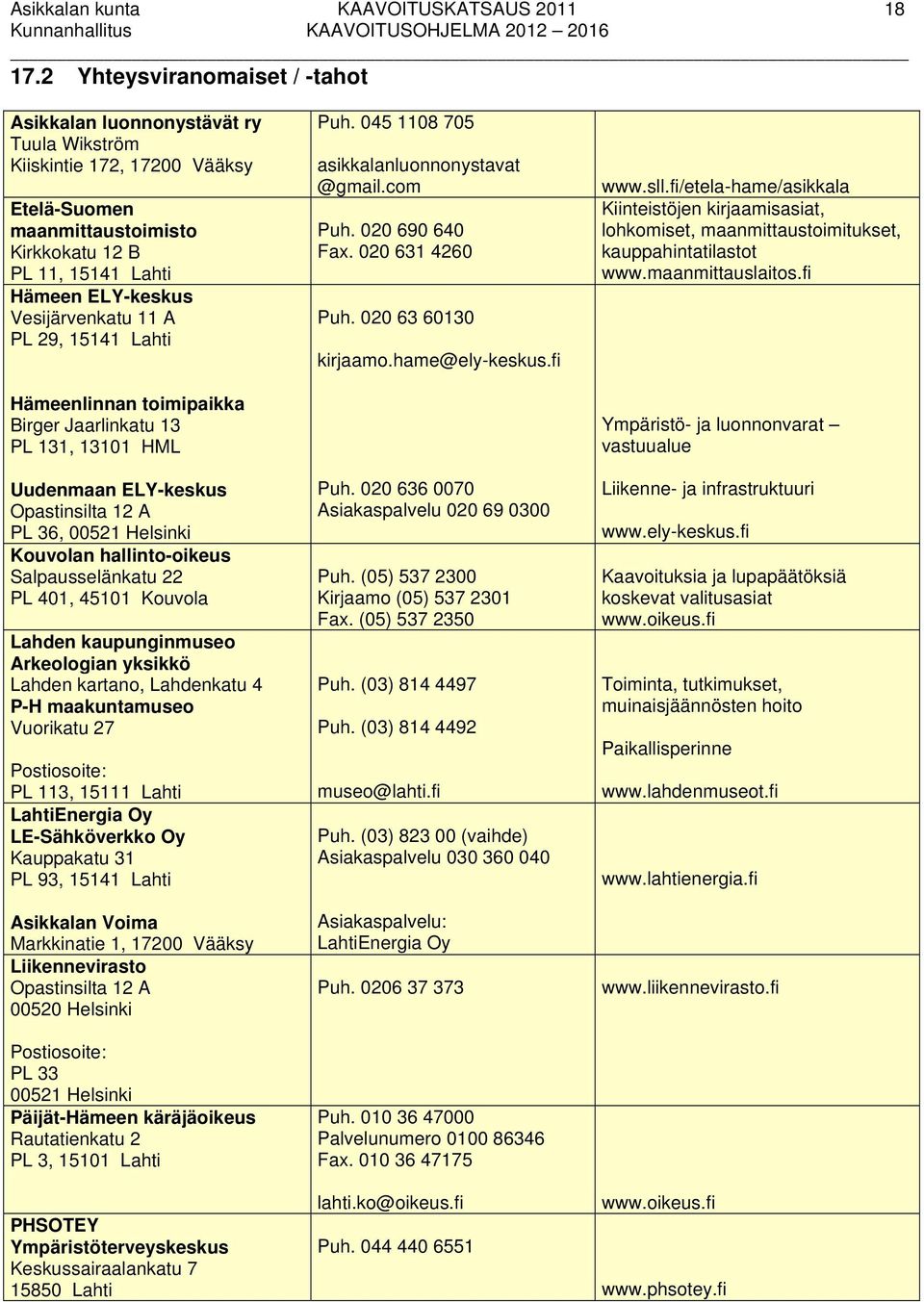 Vesijärvenkatu 11 A PL 29, 15141 Lahti Hämeenlinnan toimipaikka Birger Jaarlinkatu 13 PL 131, 13101 HML Uudenmaan ELY-keskus Opastinsilta 12 A PL 36, 00521 Helsinki Kouvolan hallinto-oikeus