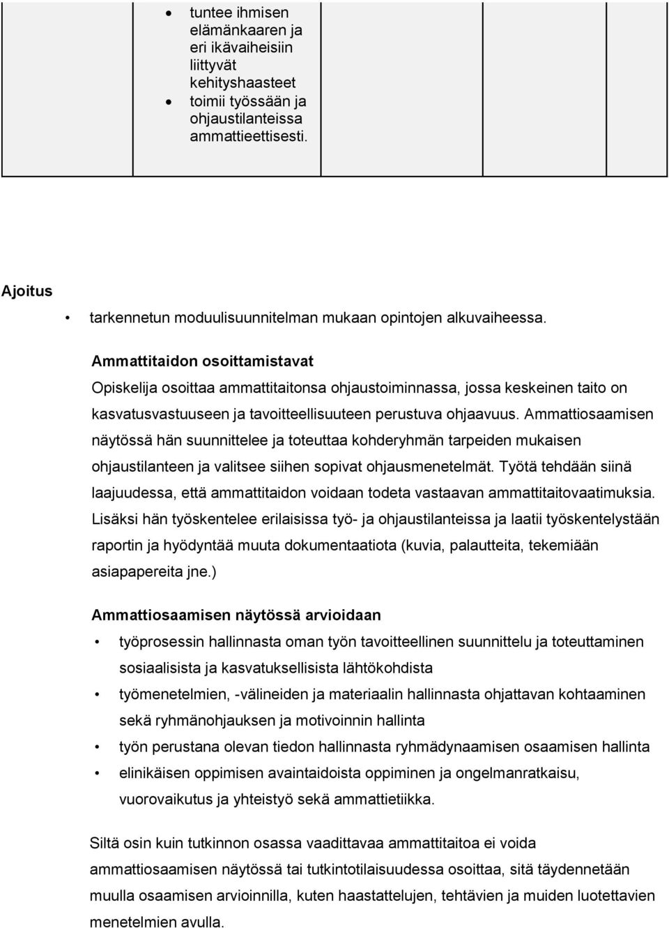 Ammattitaidon osoittamistavat Opiskelija osoittaa ammattitaitonsa ohjaustoiminnassa, jossa keskeinen taito on kasvatusvastuuseen ja tavoitteellisuuteen perustuva ohjaavuus.