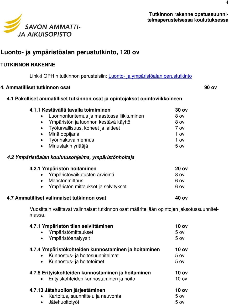 Pakolliset ammatilliset tutkinnon osat ja opintojaksot opintoviikkoineen 4.1.