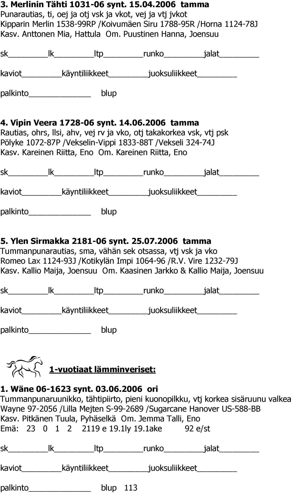 synt. 14.06.2006 tamma Rautias, ohrs, llsi, ahv, vej rv ja vko, otj takakorkea vsk, vtj psk Pölyke 1072-87P /Vekselin-Vippi 1833-88T /Vekseli 324-74J Kasv. Kareinen Riitta, Eno Om.