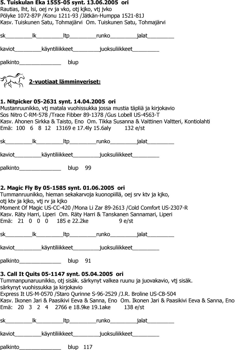 2005 ori Mustanruunikko, vtj matala vuohissukka jossa mustia täpliä ja kirjokavio Sos Nitro C-RM-578 /Trace Fibber 89-1378 /Gus Lobell US-4563-T Kasv. Ahonen Sirkka & Taisto, Eno Om.