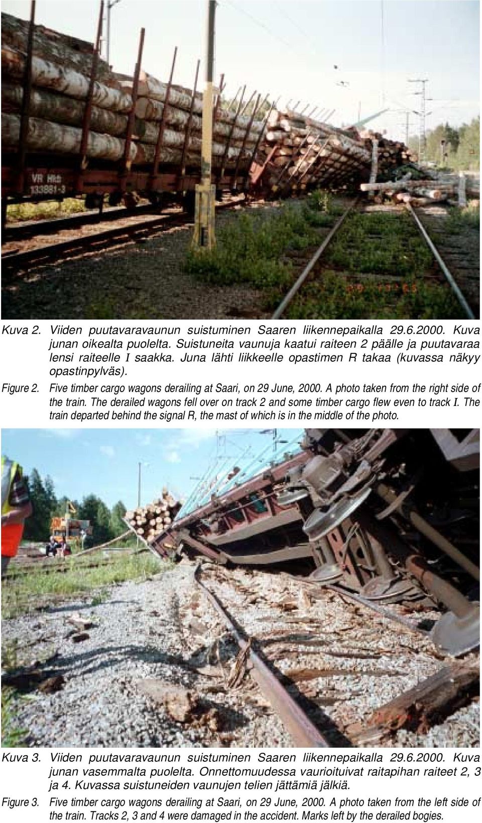 The derailed wagons fell over on track 2 and some timber cargo flew even to track I. The train departed behind the signal R, the mast of which is in the middle of the photo. Kuva 3.