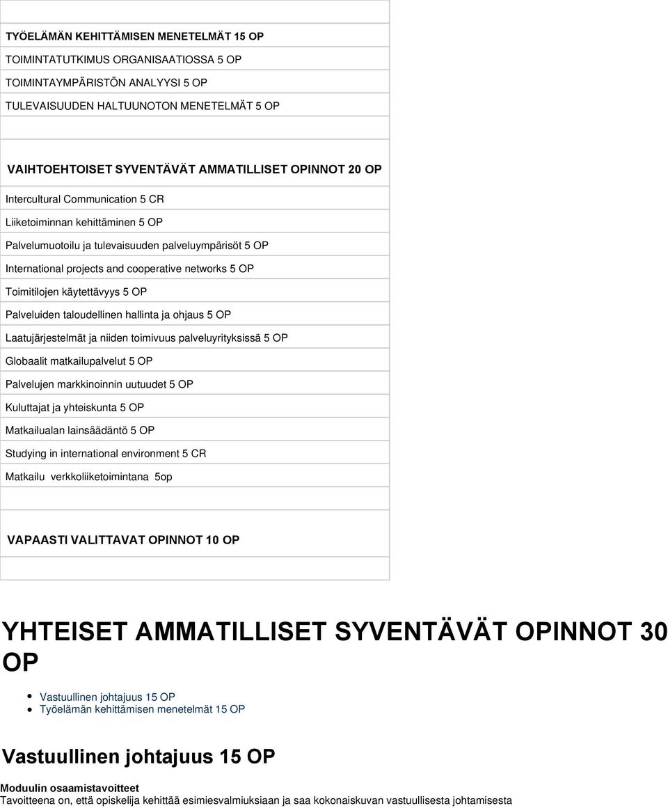 käytettävyys 5 OP Palveluiden taloudellinen hallinta ja ohjaus 5 OP Laatujärjestelmät ja niiden toimivuus palveluyrityksissä 5 OP Globaalit matkailupalvelut 5 OP Palvelujen markkinoinnin uutuudet 5