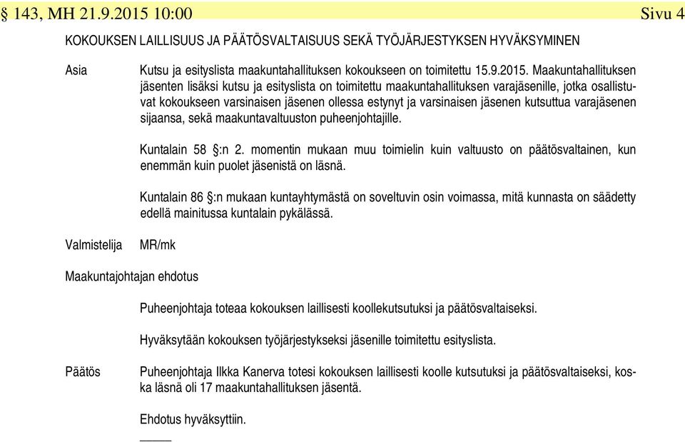 Maakuntahallituksen jäsenten lisäksi kutsu ja esityslista on toimitettu maakuntahallituksen varajäsenille, jotka osallistuvat kokoukseen varsinaisen jäsenen ollessa estynyt ja varsinaisen jäsenen