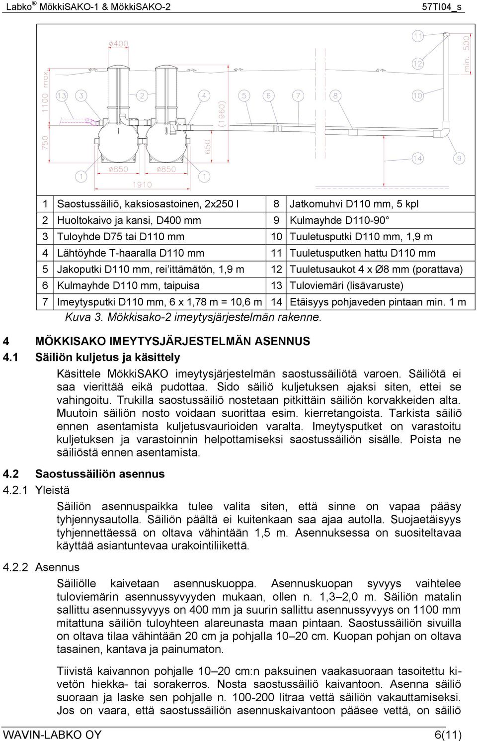 Imeytysputki D110 mm, 6 x 1,78 m = 10,6 m 14 Etäisyys pohjaveden pintaan min. 1 m Kuva 3. Mökkisako-2 imeytysjärjestelmän rakenne. 4 MÖKKISAKO IMEYTYSJÄRJESTELMÄN ASENNUS 4.