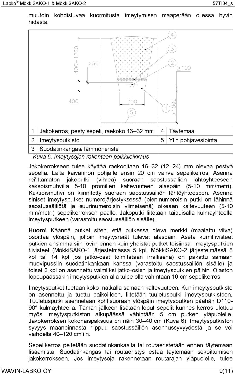 Imeytysojan rakenteen poikkileikkaus Jakokerrokseen tulee käyttää raekooltaan 16 32 (12 24) mm olevaa pestyä sepeliä. Laita kaivannon pohjalle ensin 20 cm vahva sepelikerros.