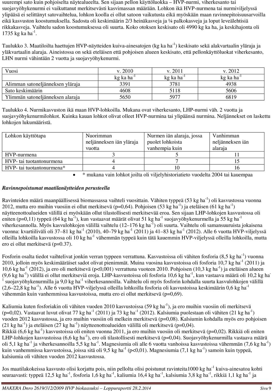 Sadosta oli keskimäärin 2/3 heinäkasveja ja ¼ palkokasveja ja loput leveälehtisiä rikkakasveja. Vaihtelu sadon koostumuksessa oli suurta.