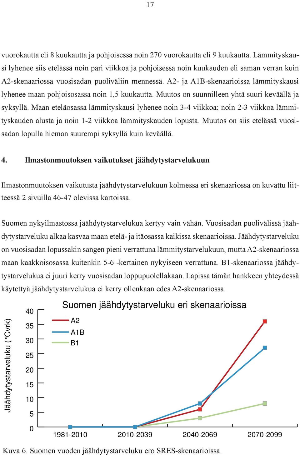 A2- ja A1B-skenaarioissa lämmityskausi lyhenee maan pohjoisosassa noin 1,5 kuukautta. Muutos on suunnilleen yhtä suuri keväällä ja syksyllä.