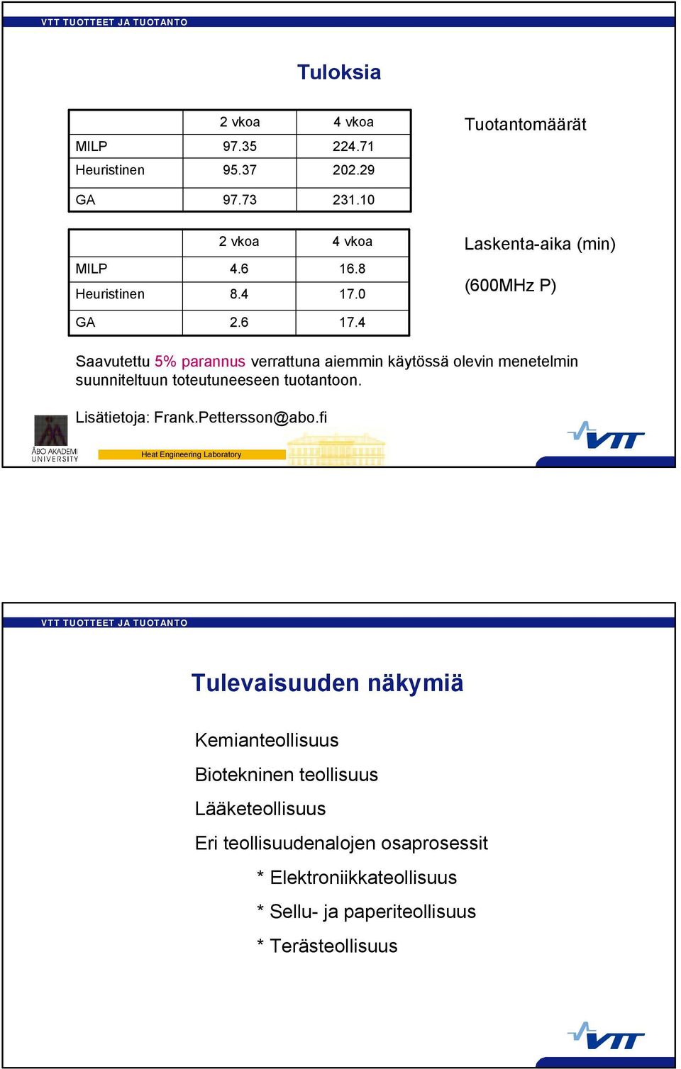 4 Saavutettu 5% parannus verrattuna aiemmin käytössä olevin menetelmin suunniteltuun toteutuneeseen tuotantoon. Lisätietoja: Frank.