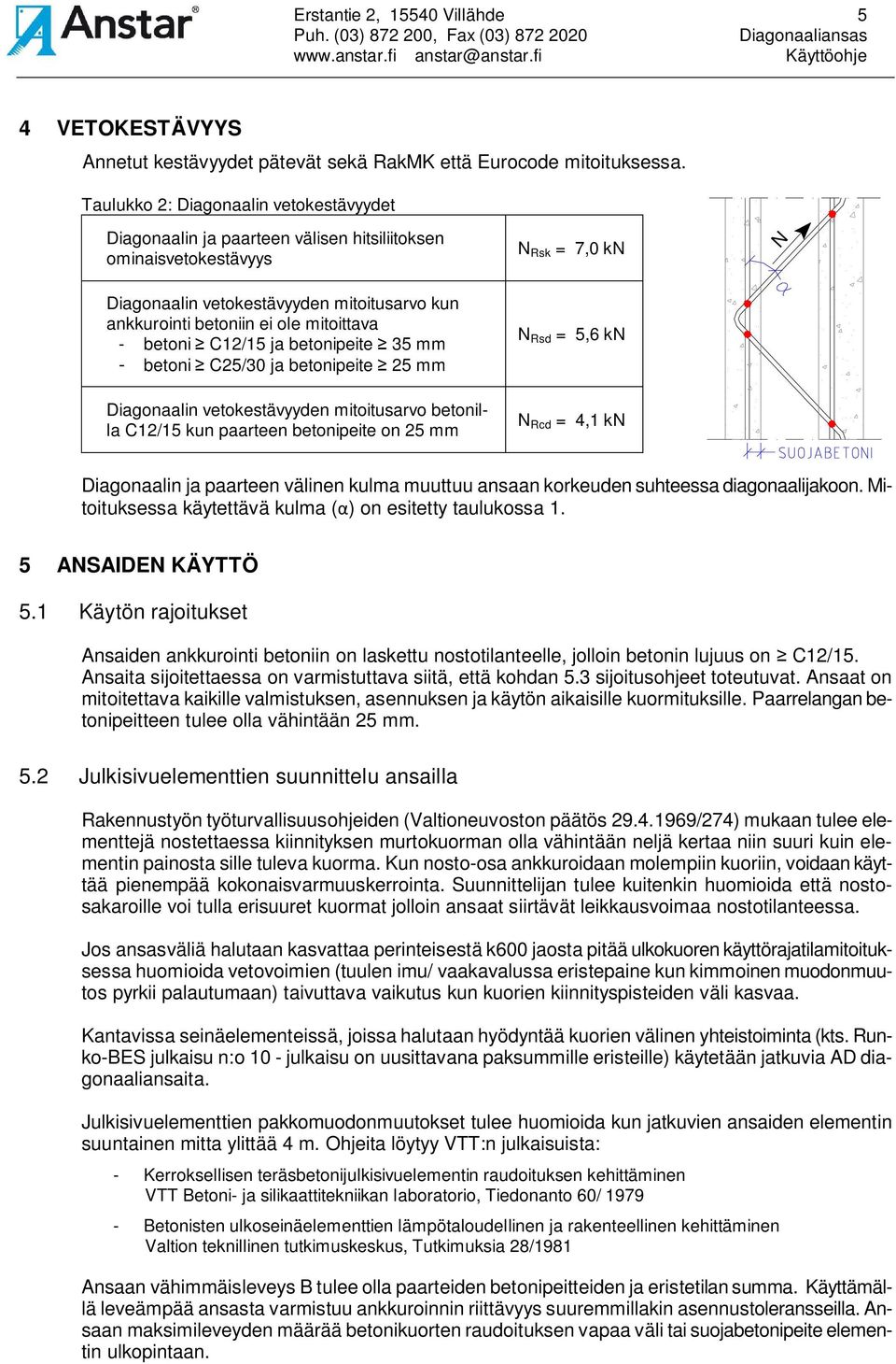 mitoittava - betoni C12/15 ja betonipeite 35 mm - betoni C25/30 ja betonipeite 25 mm Diagonaalin vetokestävyyden mitoitusarvo betonilla C12/15 kun paarteen betonipeite on 25 mm N Rsd = 5,6 kn N Rcd =