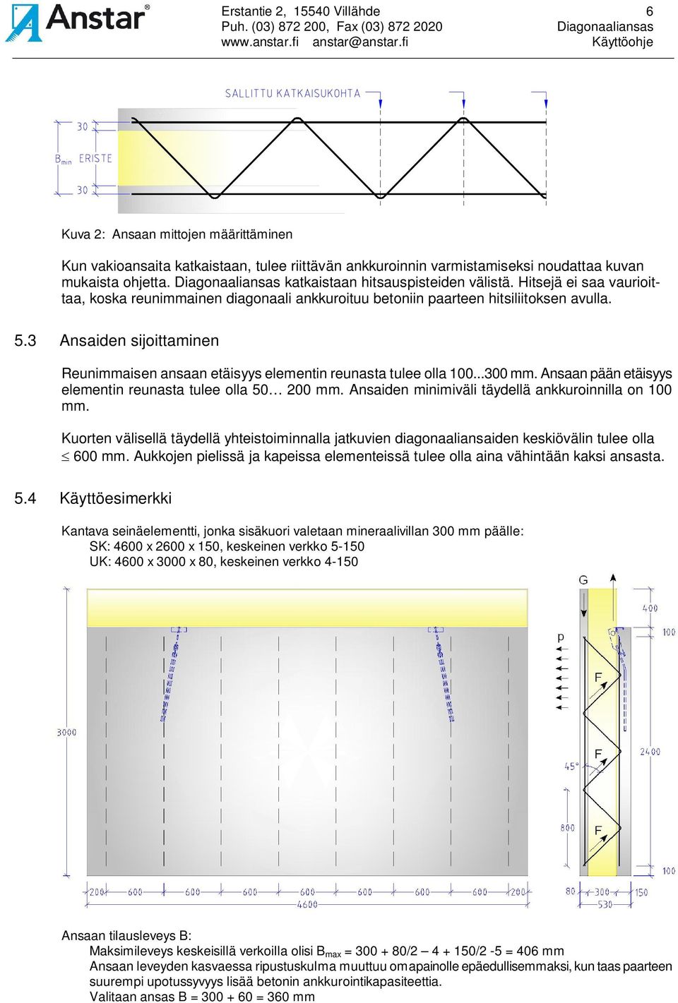 3 Ansaiden sijoittaminen Reunimmaisen ansaan etäisyys elementin reunasta tulee olla 100...300 mm. Ansaan pään etäisyys elementin reunasta tulee olla 50 200 mm.