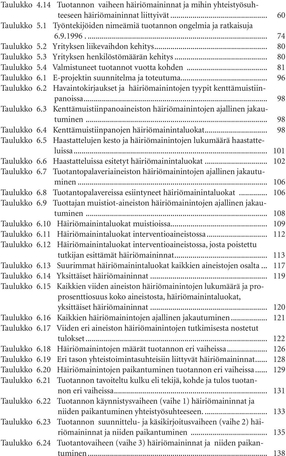 1 E-projektin suunnitelma ja toteutuma... 96 Taulukko 6.2 Havaintokirjaukset ja häiriömainintojen tyypit kenttämuistiinpanoissa... 98 Taulukko 6.