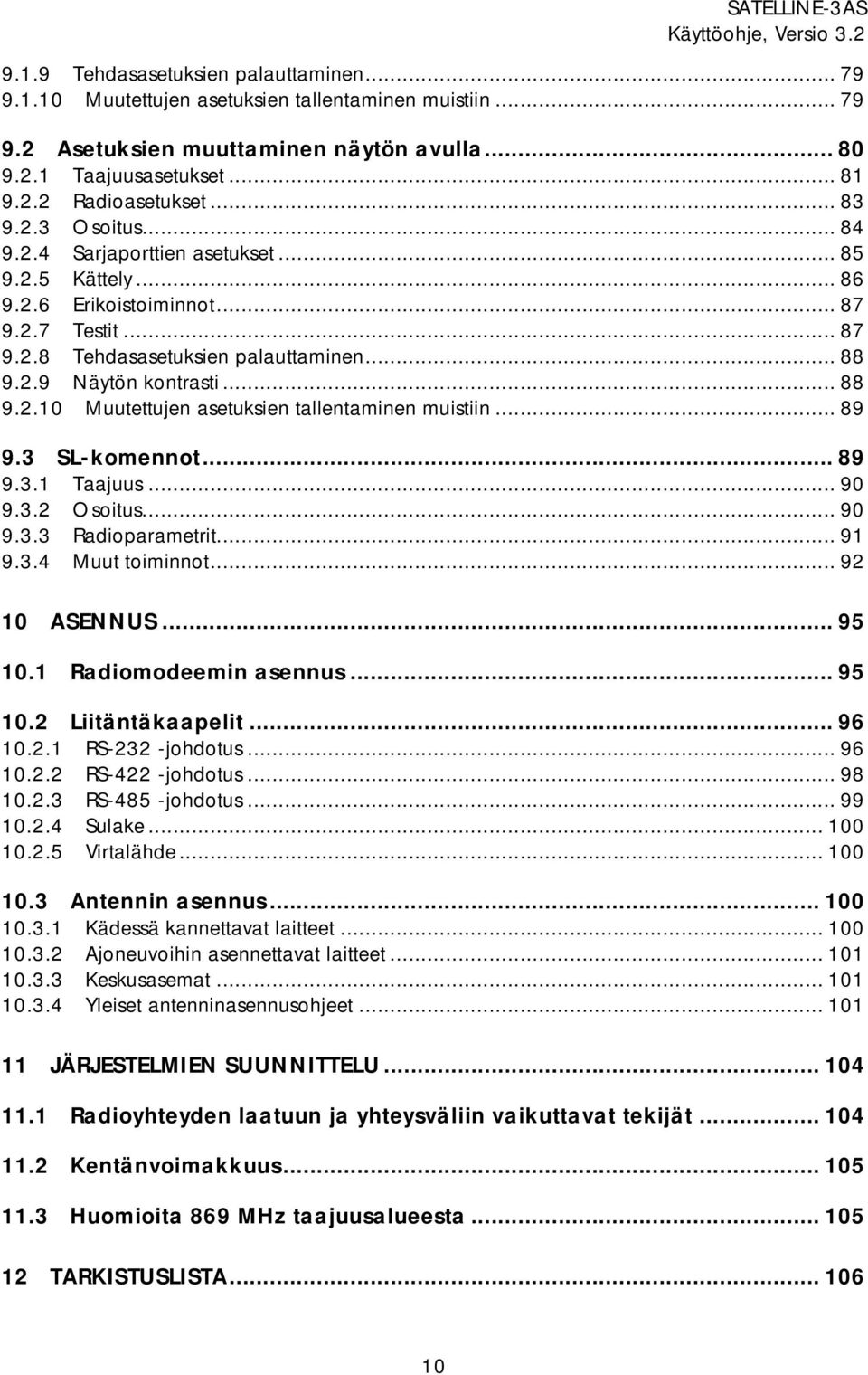 .. 88 9.2.10 Muutettujen asetuksien tallentaminen muistiin... 89 9.3 SL-komennot... 89 9.3.1 Taajuus... 90 9.3.2 Osoitus... 90 9.3.3 Radioparametrit... 91 9.3.4 Muut toiminnot... 92 10 ASENNUS... 95 10.