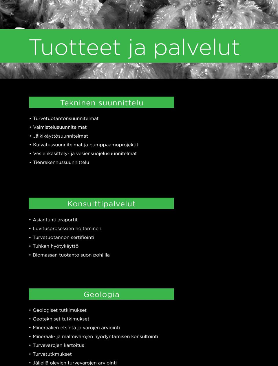 hoitaminen Turvetuotannon sertifiointi Tuhkan hyötykäyttö Biomassan tuotanto suon pohjilla Geologia Geologiset tutkimukset Geotekniset tutkimukset