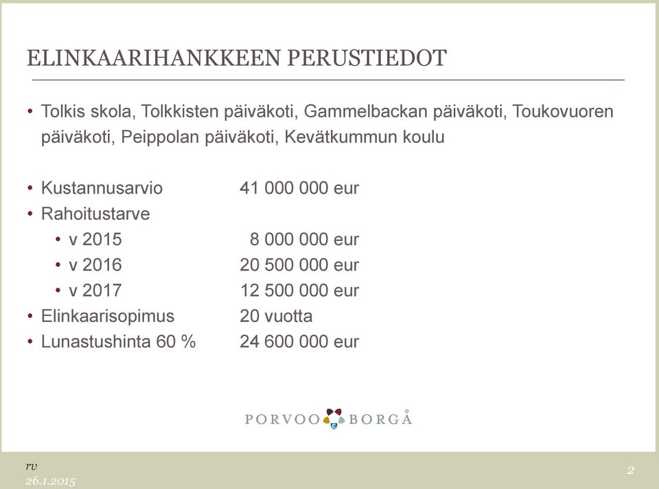Kustannusarvio Rahoitustarve v 2015 v 2016 v 2017 Elinkaarisopimus Lunastushinta