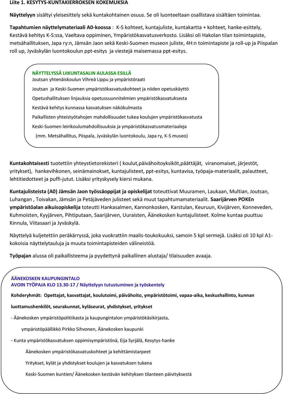 Lisäksi oli Hakolan tilan toimintapiste, metsähallituksen, Japa ry:n, Jämsän Jaon sekä Keski-Suomen museon juliste, 4H:n toimintapiste ja roll-up ja Piispalan roll up, Jyväskylän luontokoulun