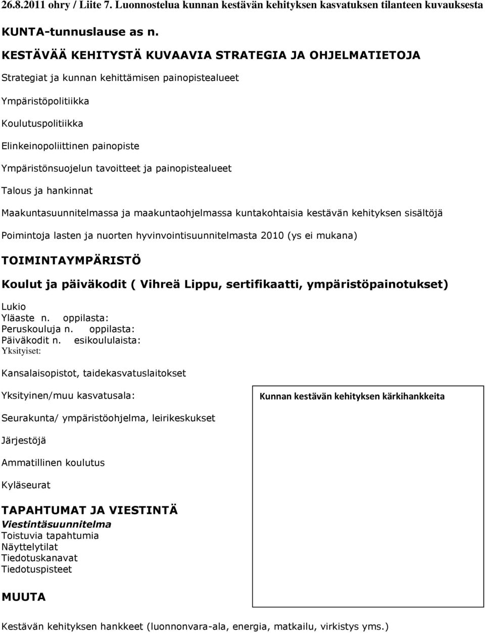 tavoitteet ja painopistealueet Talous ja hankinnat Maakuntasuunnitelmassa ja maakuntaohjelmassa kuntakohtaisia kestävän kehityksen sisältöjä Poimintoja lasten ja nuorten hyvinvointisuunnitelmasta