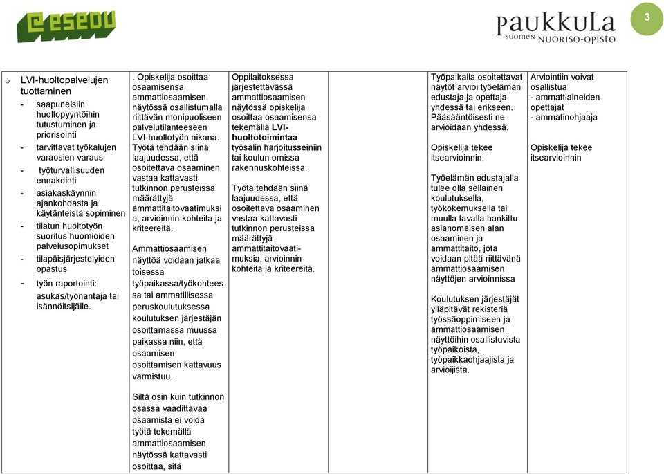 . Opiskelija osoittaa osaamisensa näytössä osallistumalla riittävän monipuoliseen palvelutilanteeseen LVI-huoltotyön aikana.