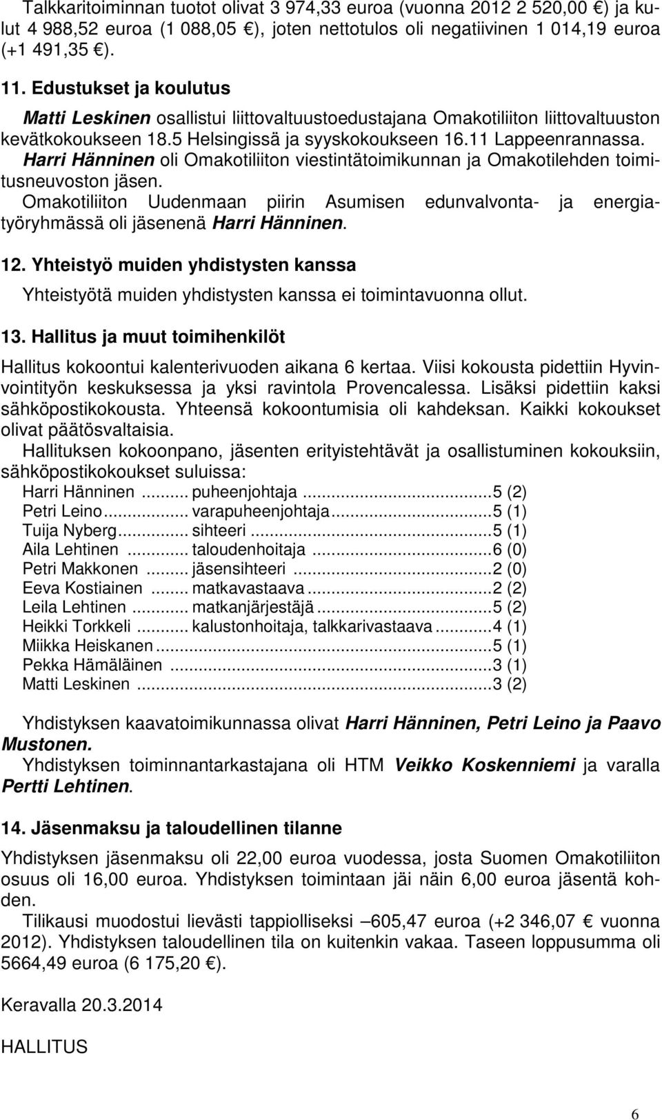 Harri Hänninen oli Omakotiliiton viestintätoimikunnan ja Omakotilehden toimitusneuvoston jäsen. Omakotiliiton Uudenmaan piirin Asumisen edunvalvonta- ja energiatyöryhmässä oli jäsenenä Harri Hänninen.