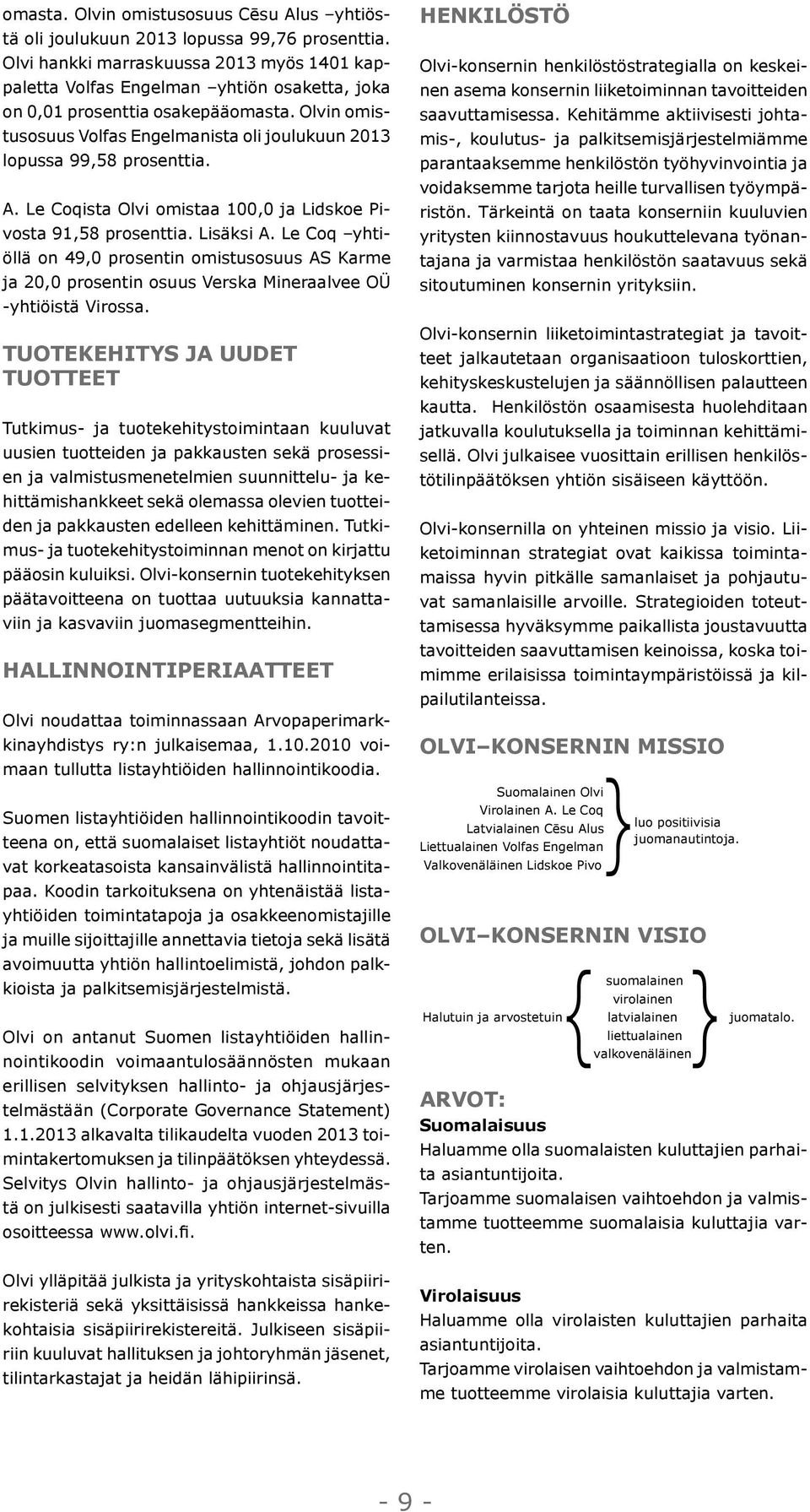 Olvin omistusosuus Volfas Engelmanista oli joulukuun 2013 lopussa 99,58 prosenttia. A. Le Coqista Olvi omistaa 100,0 ja Lidskoe Pivosta 91,58 prosenttia. Lisäksi A.