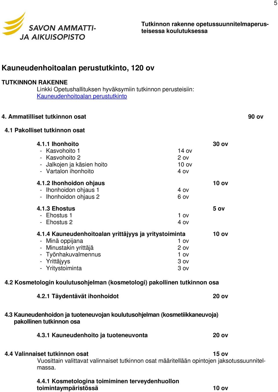 1.2 Ihonhoidon ohjaus 10 ov - Ihonhoidon ohjaus 1 4 ov - Ihonhoidon ohjaus 2 6 ov 4.1.3 Ehostus 5 ov - Ehostus 1 1 ov - Ehostus 2 4 ov 4.1.4 Kauneudenhoitoalan yrittäjyys ja yritystoiminta 10 ov - Minä oppijana 1 ov - Minustakin yrittäjä 2 ov - Työnhakuvalmennus 1 ov - Yrittäjyys 3 ov - Yritystoiminta 3 ov 4.