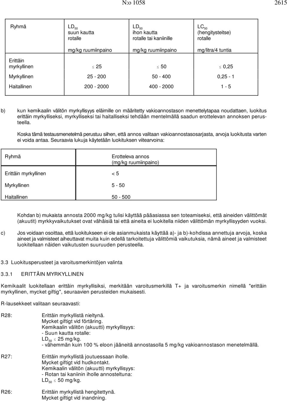 myrkylliseksi, myrkylliseksi tai haitalliseksi tehdään mentelmällä saadun erottelevan annoksen perusteella.