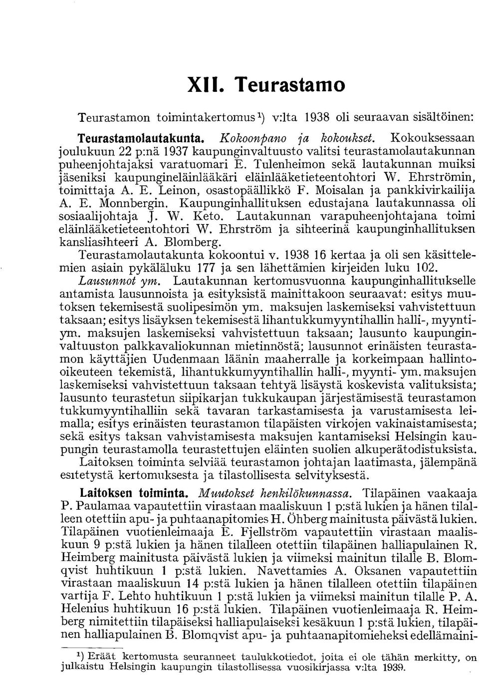 Tulenheimon sekä lautakunnan muiksi jäseniksi kaupungineläinlääkäri eläinlääketieteentohtori W. Ehrströmin, toimittaja A. E. Leinon, osastopäällikkö F. Moisalan ja pankkivirkailija A. E. Monnbergin.