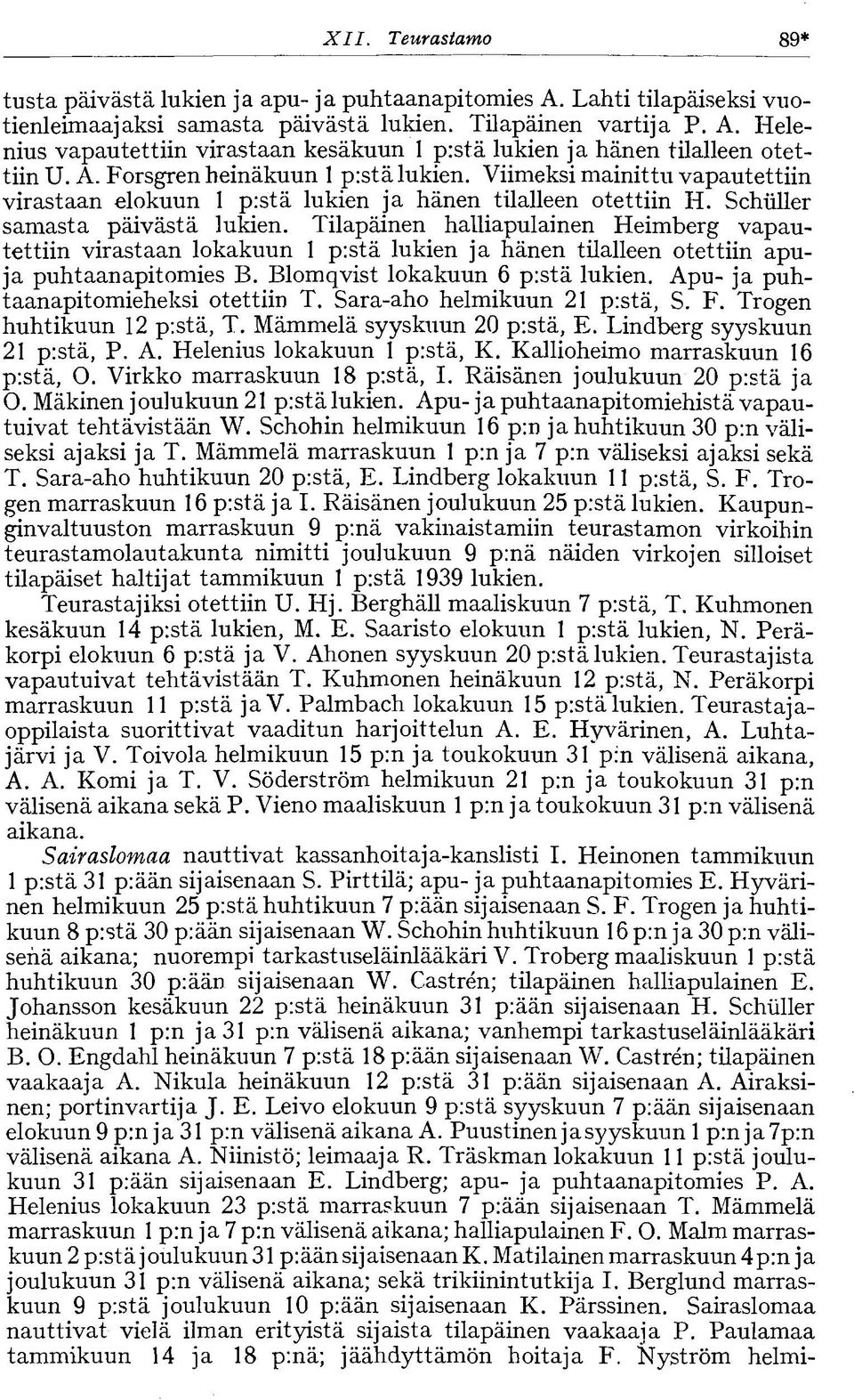 Tilapäinen halliapulainen Heimberg vapautettiin virastaan lokakuun pistä lukien ja hänen tilalleen otettiin apuja puhtaanapitomies B. Blomqvist lokakuun pistä lukien.