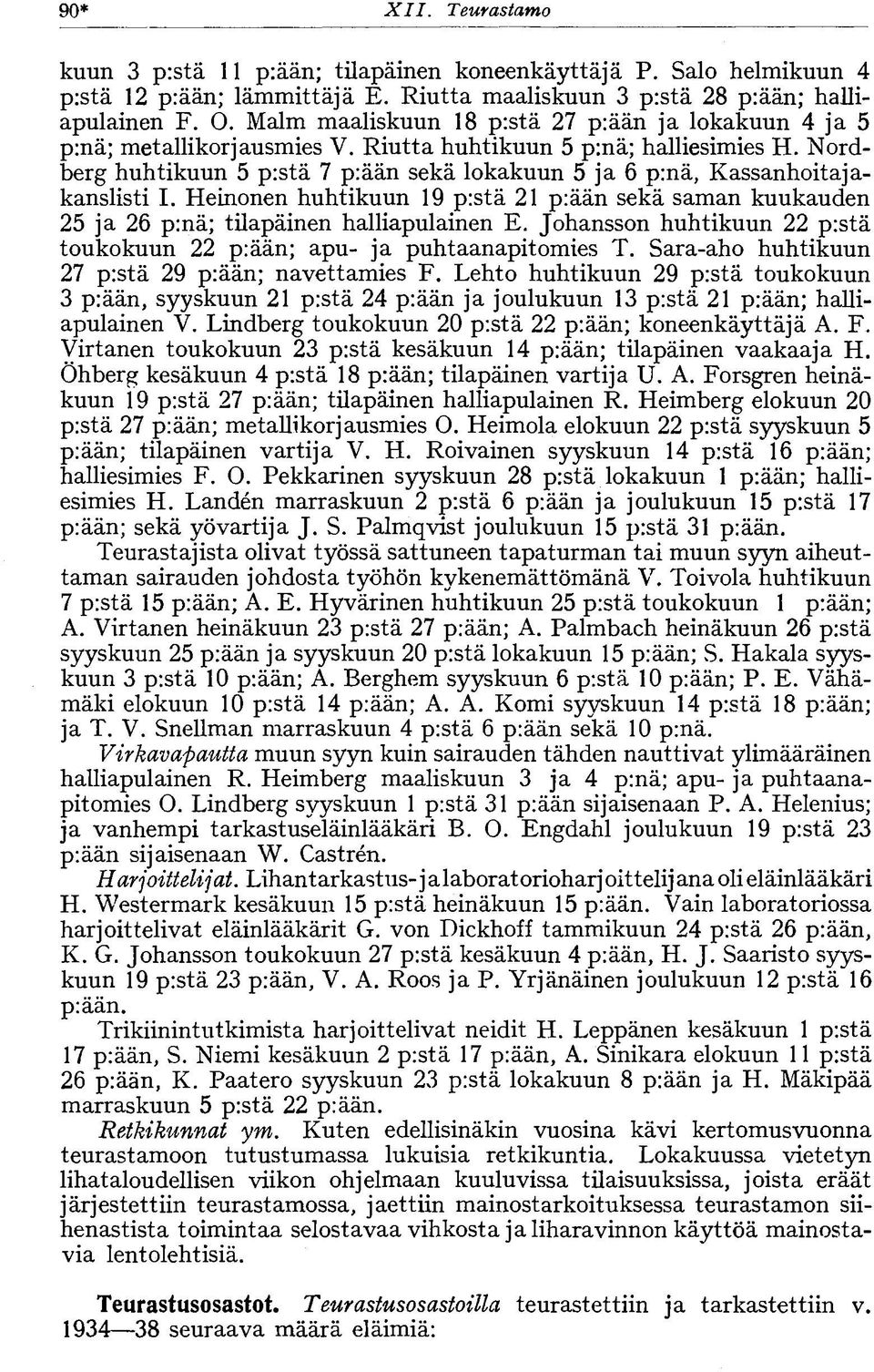 Heinonen huhtikuun 9 pistä p:ään sekä saman kuukauden ja p:nä; tilapäinen halliapulainen E. Johansson huhtikuun p:stä toukokuun prään; apu- ja puhtaanapitomies T.